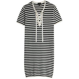 BERENICE Black & White Stripe Lightweight Cotton Silk Cashmere Lace Up Dress